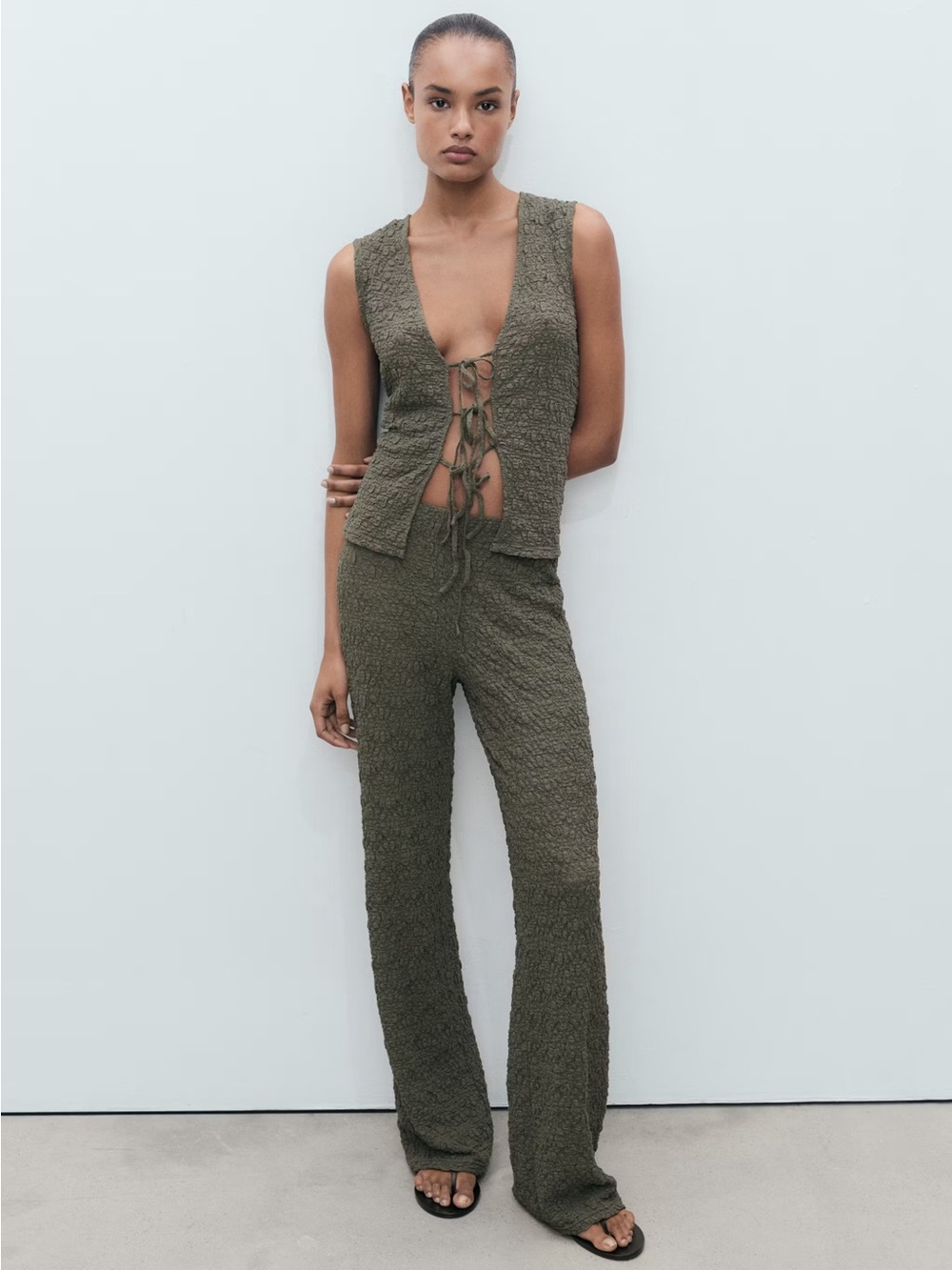 Mango Olive green Flare Pants & Vest Set xxs